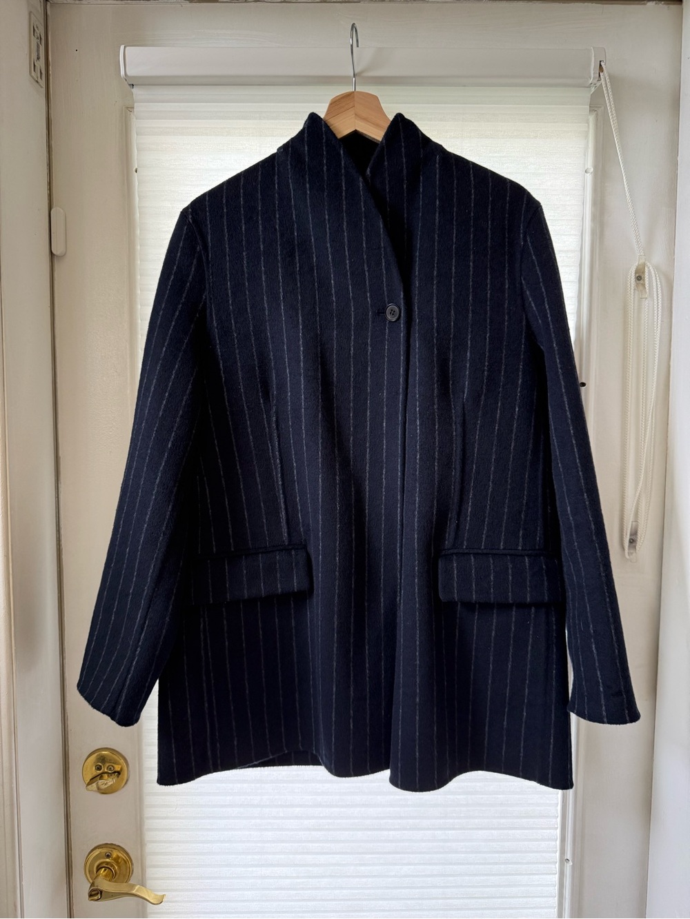 Zara Navy Pinstripe Single-Button Pea Coat
